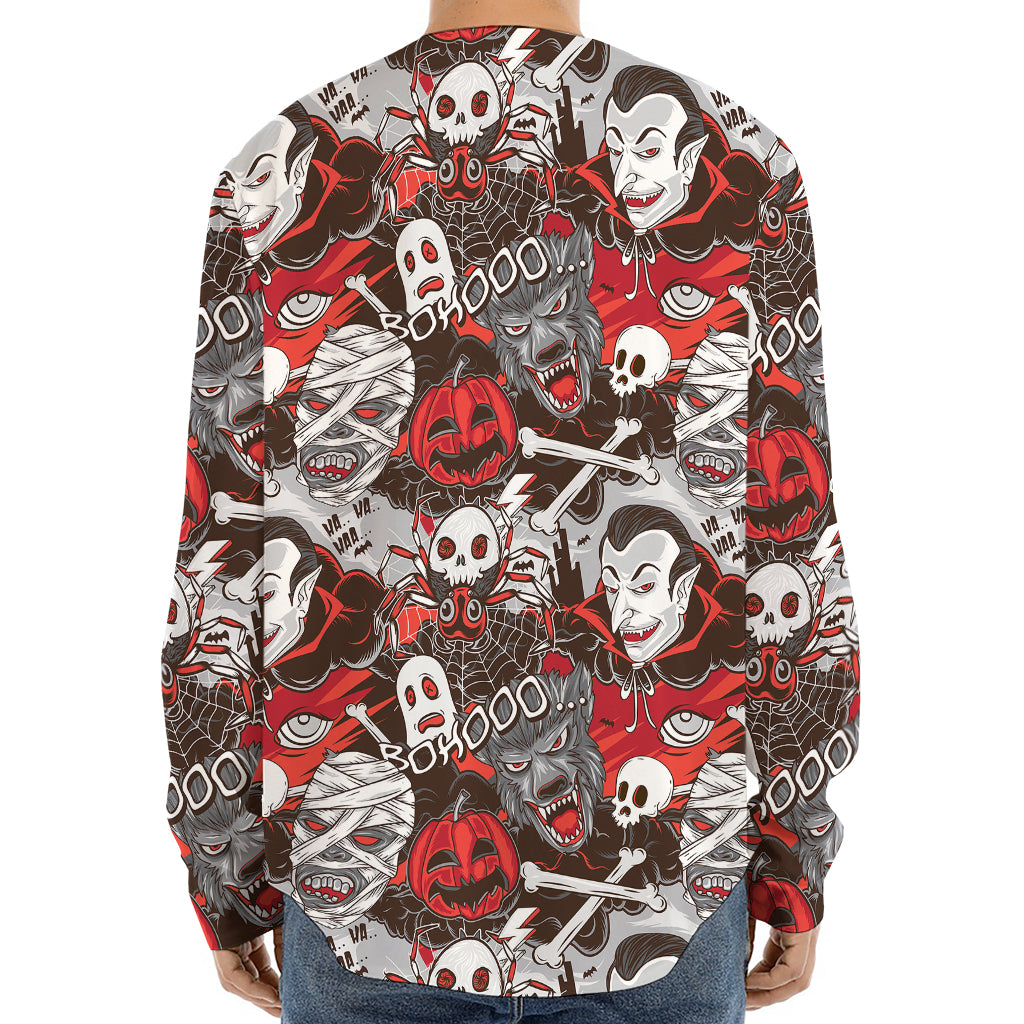 Halloween Monsters Pattern Print Long Sleeve Baseball Jersey