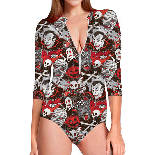 Halloween Monsters Pattern Print Long Sleeve Swimsuit