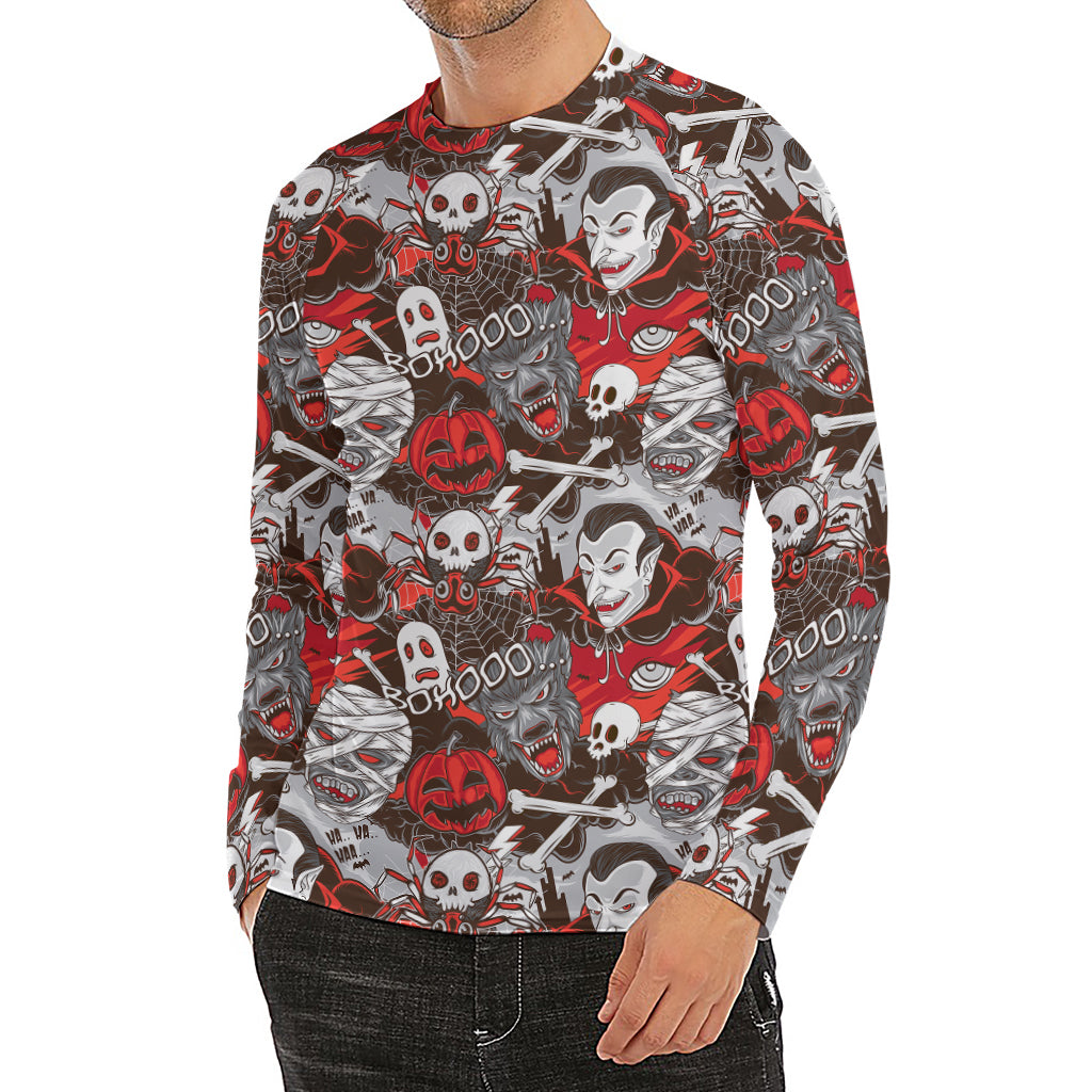 Halloween Monsters Pattern Print Men's Long Sleeve Rash Guard