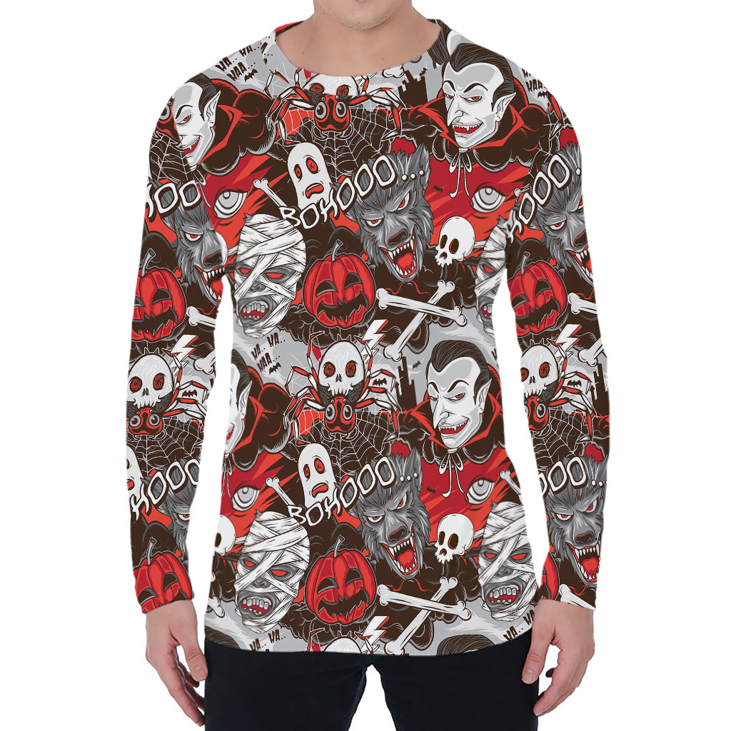 Halloween Monsters Pattern Print Men's Long Sleeve T-Shirt