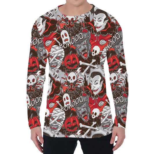 Halloween Monsters Pattern Print Men's Long Sleeve T-Shirt