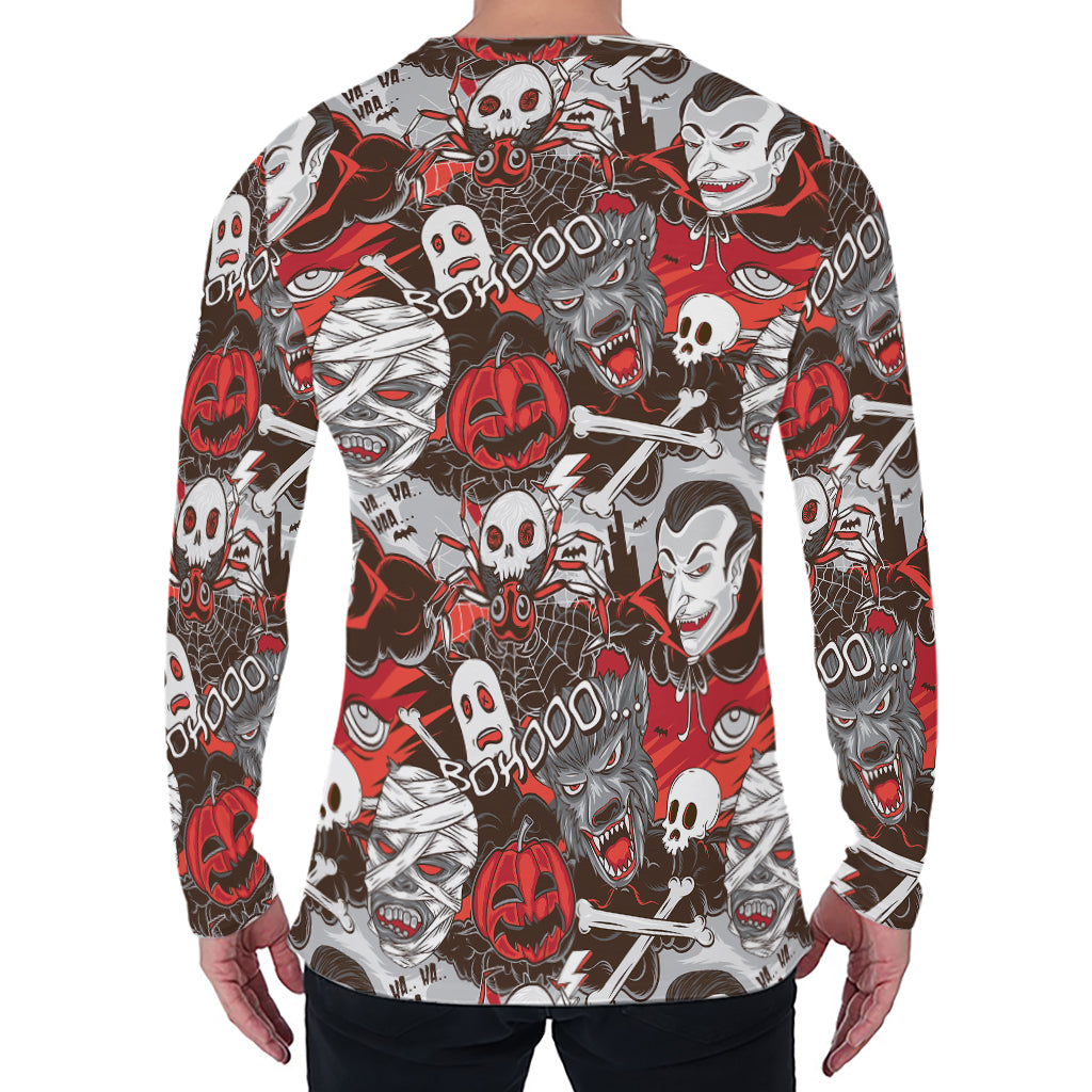 Halloween Monsters Pattern Print Men's Long Sleeve T-Shirt