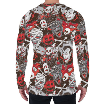 Halloween Monsters Pattern Print Men's Long Sleeve T-Shirt