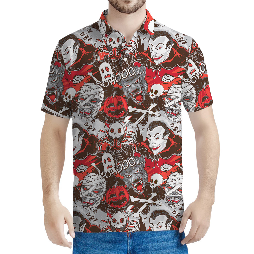 Halloween Monsters Pattern Print Men's Polo Shirt