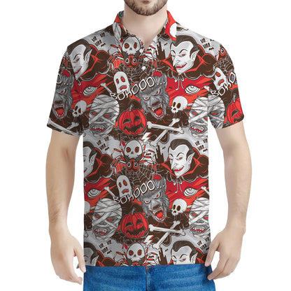 Halloween Monsters Pattern Print Men's Polo Shirt