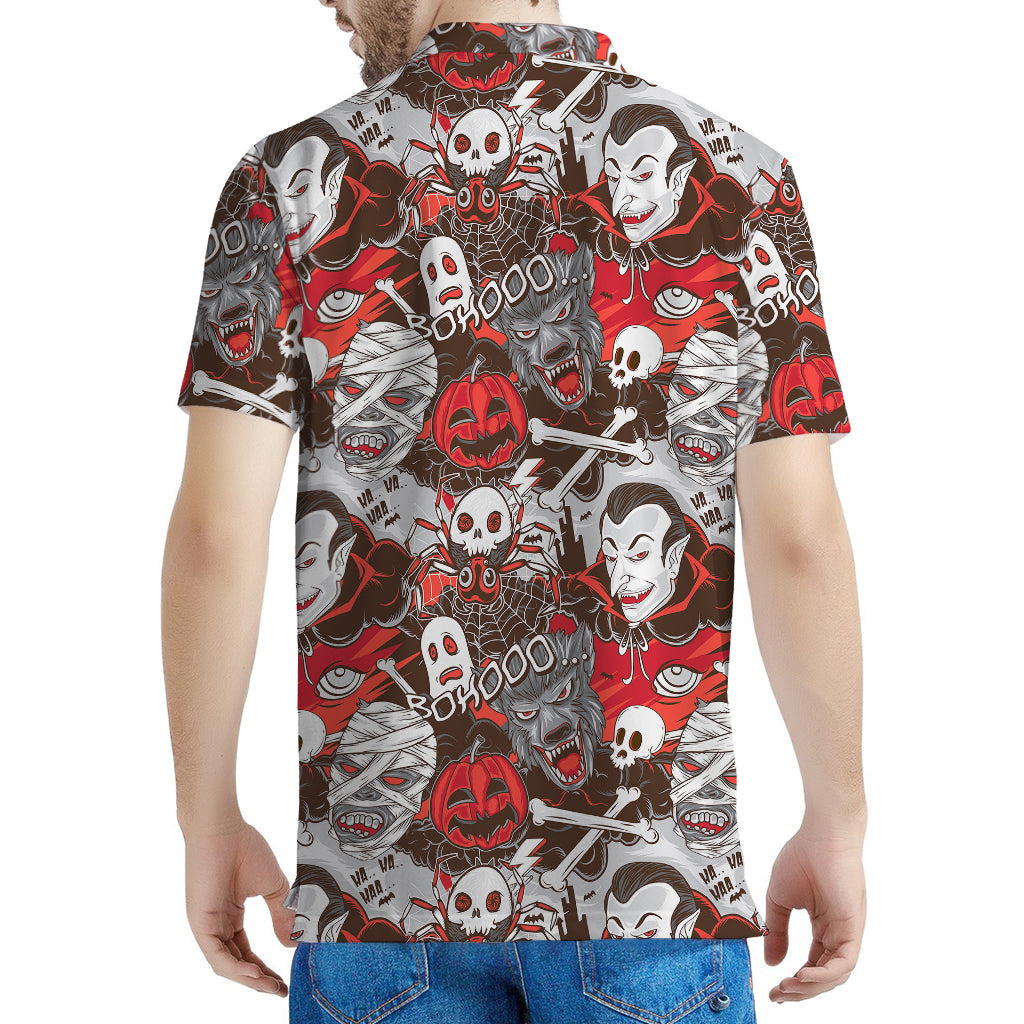 Halloween Monsters Pattern Print Men's Polo Shirt