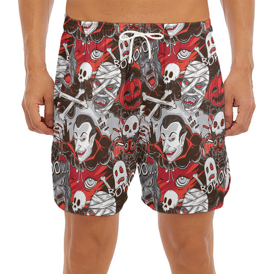 Halloween Monsters Pattern Print Men's Split Running Shorts