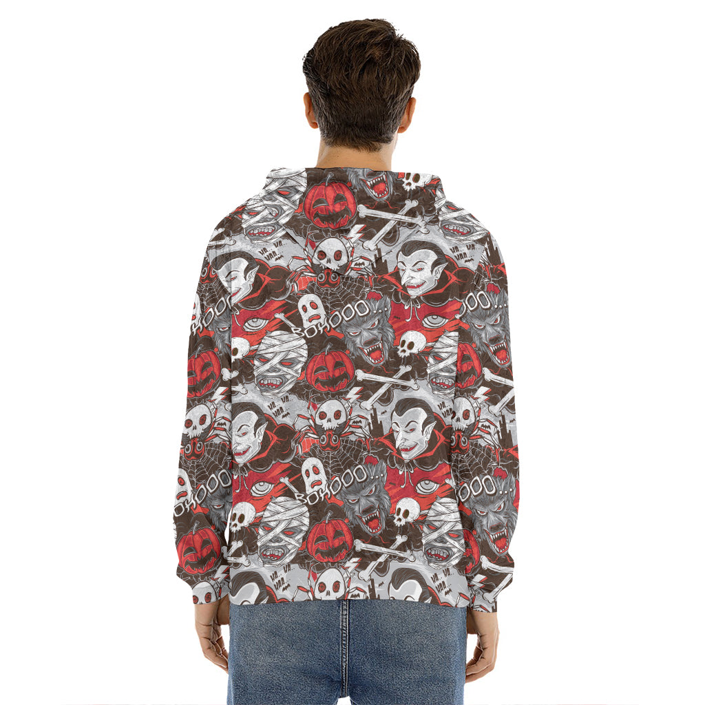 Halloween Monsters Pattern Print Men's Velvet Pullover Hoodie