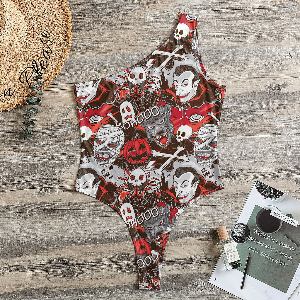 Halloween Monsters Pattern Print One Shoulder Bodysuit
