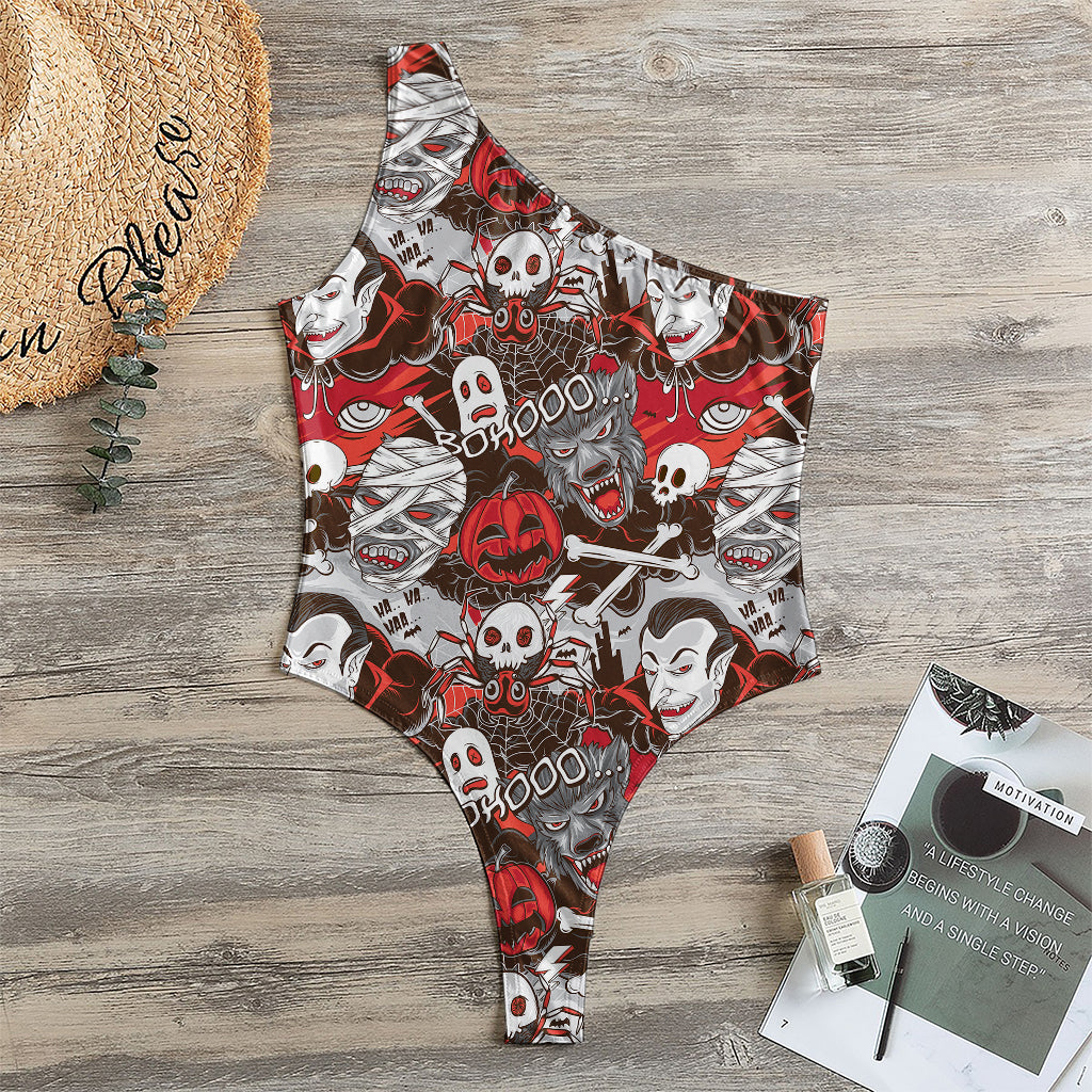 Halloween Monsters Pattern Print One Shoulder Bodysuit