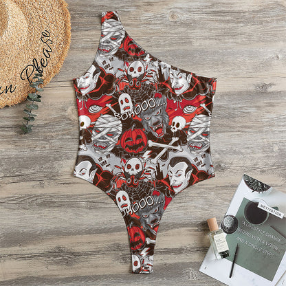 Halloween Monsters Pattern Print One Shoulder Bodysuit