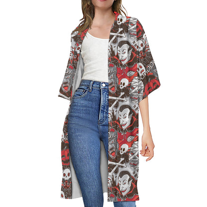 Halloween Monsters Pattern Print Open Front Beach Cover Up