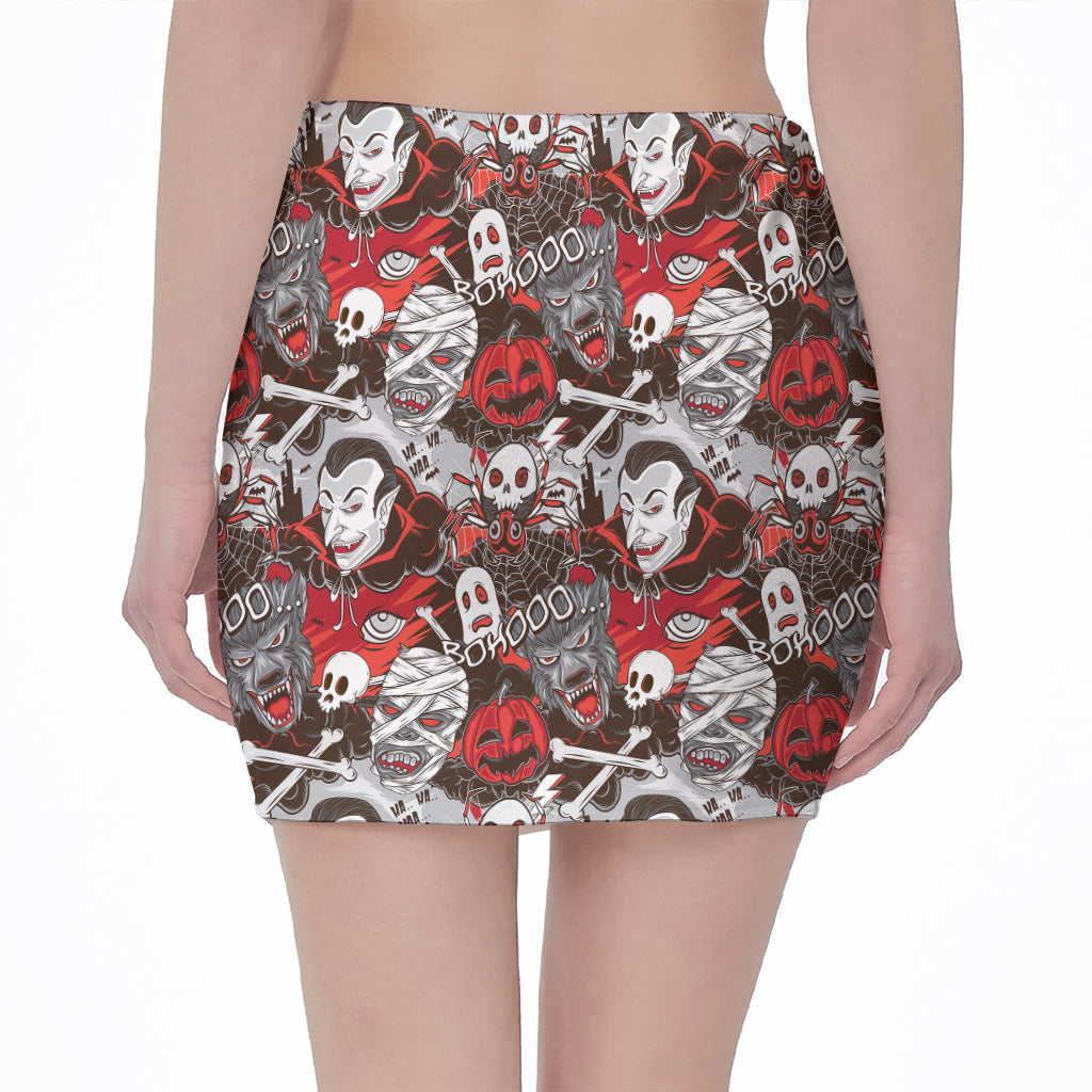 Halloween Monsters Pattern Print Pencil Mini Skirt