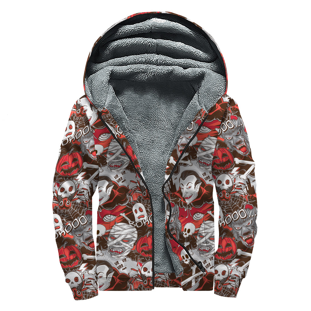 Halloween Monsters Pattern Print Sherpa Lined Zip Up Hoodie