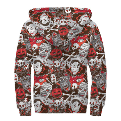 Halloween Monsters Pattern Print Sherpa Lined Zip Up Hoodie
