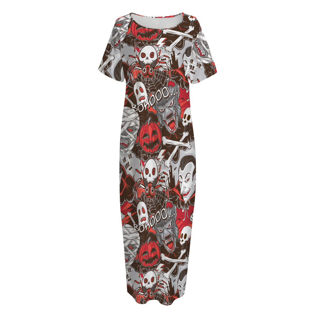 Halloween Monsters Pattern Print Short Sleeve Long Nightdress