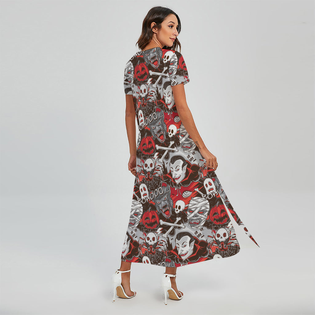 Halloween Monsters Pattern Print Short Sleeve Maxi Dress