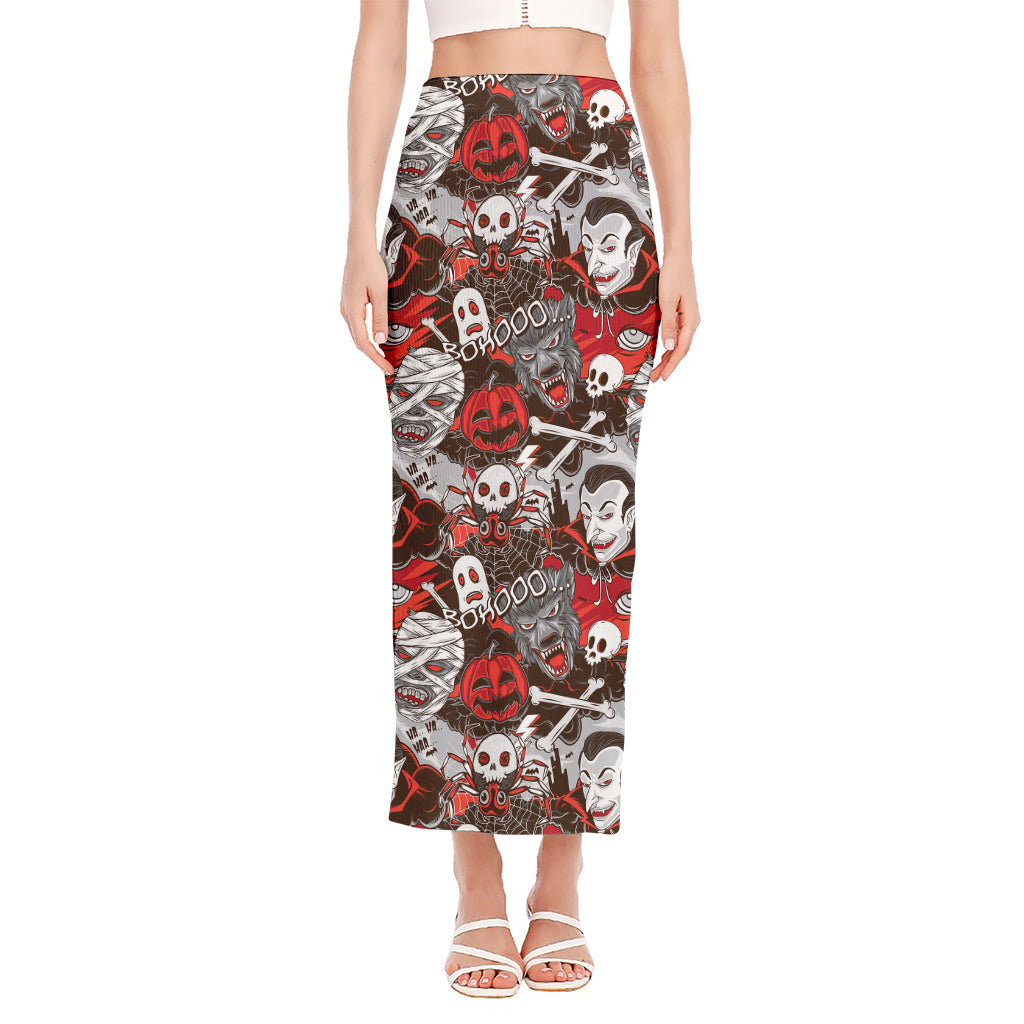 Halloween Monsters Pattern Print Side Slit Maxi Skirt