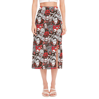 Halloween Monsters Pattern Print Side Slit Midi Skirt