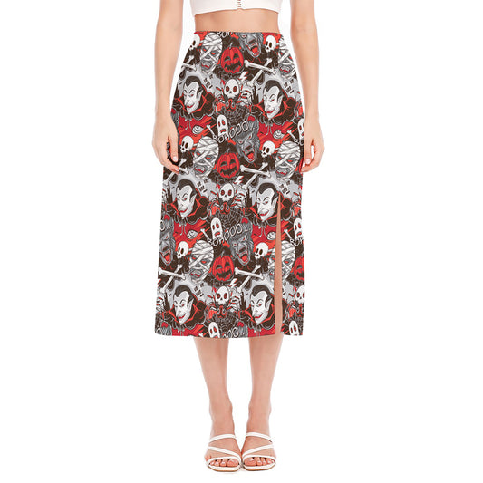 Halloween Monsters Pattern Print Side Slit Midi Skirt