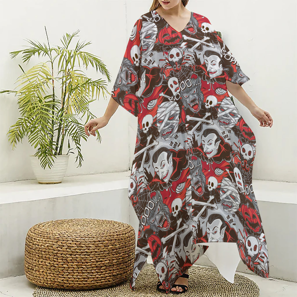 Halloween Monsters Pattern Print Silk V-Neck Kaftan Dress