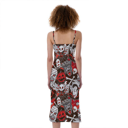 Halloween Monsters Pattern Print Slim Fit Midi Cami Dress