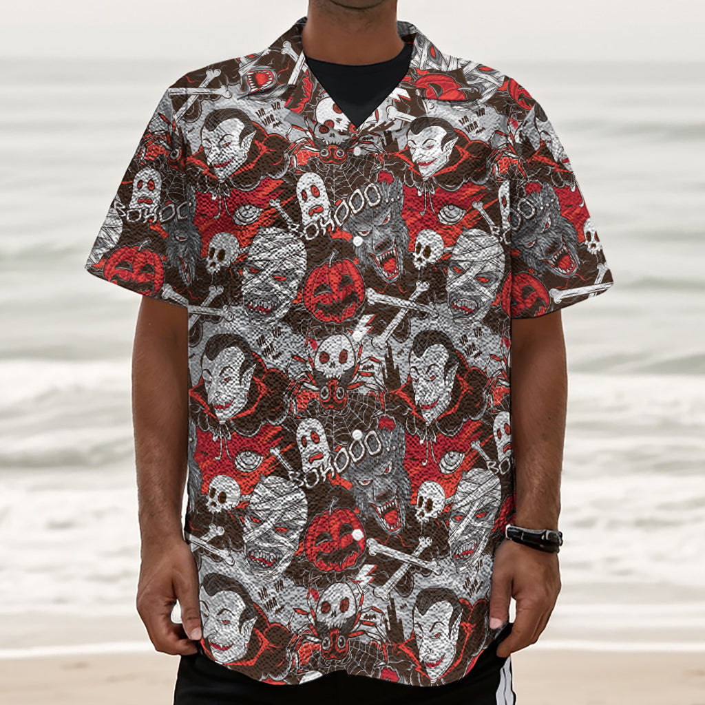 Halloween Monsters Pattern Print Textured Short Sleeve Shirt