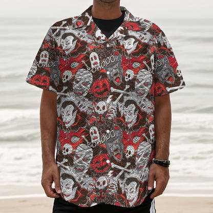 Halloween Monsters Pattern Print Textured Short Sleeve Shirt