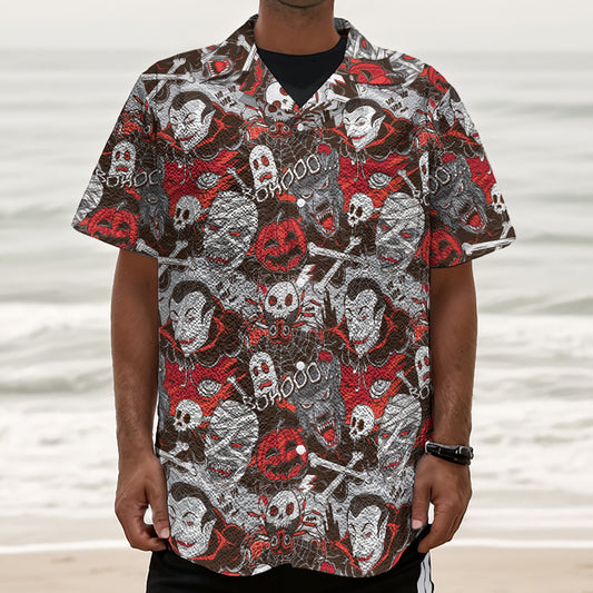 Halloween Monsters Pattern Print Textured Short Sleeve Shirt