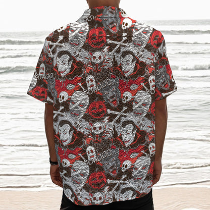 Halloween Monsters Pattern Print Textured Short Sleeve Shirt