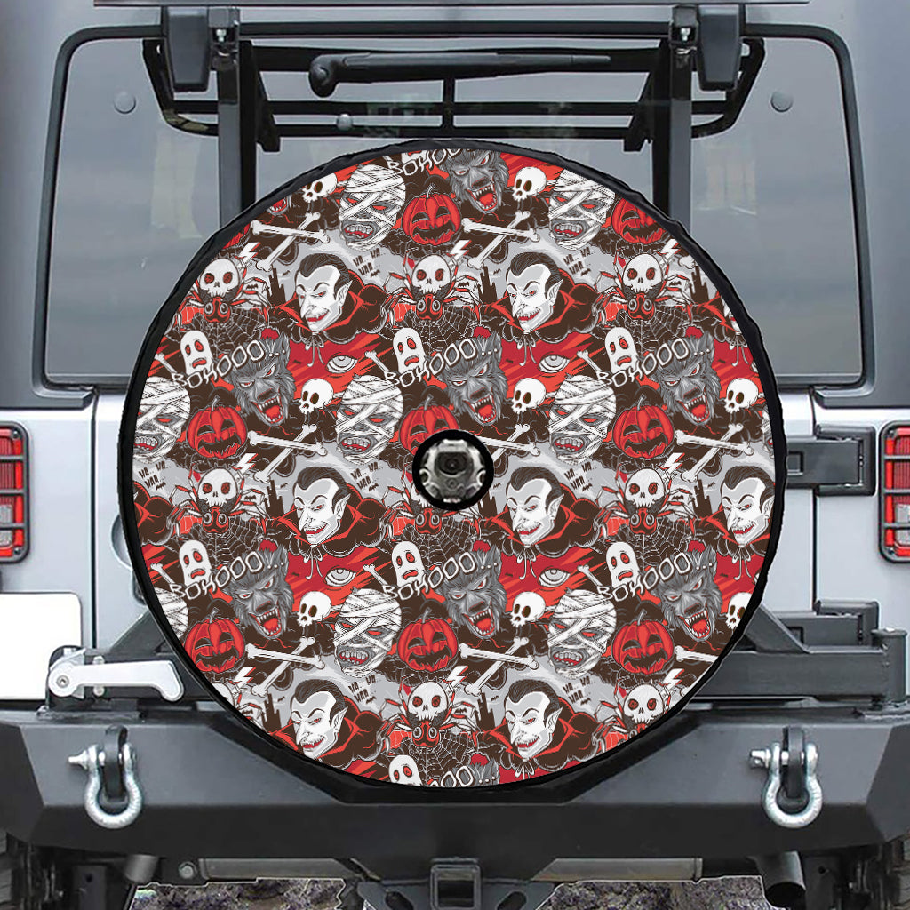 Halloween Monsters Pattern Print Tire Cover With Camera Hole