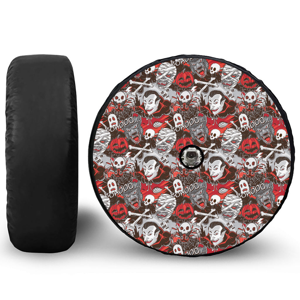 Halloween Monsters Pattern Print Tire Cover With Camera Hole