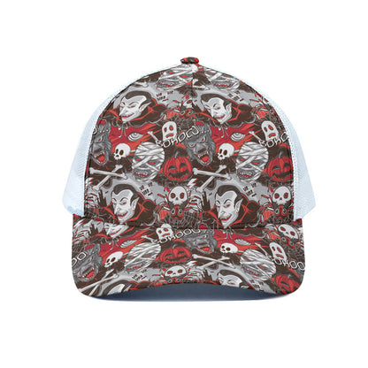Halloween Monsters Pattern Print White Mesh Trucker Cap