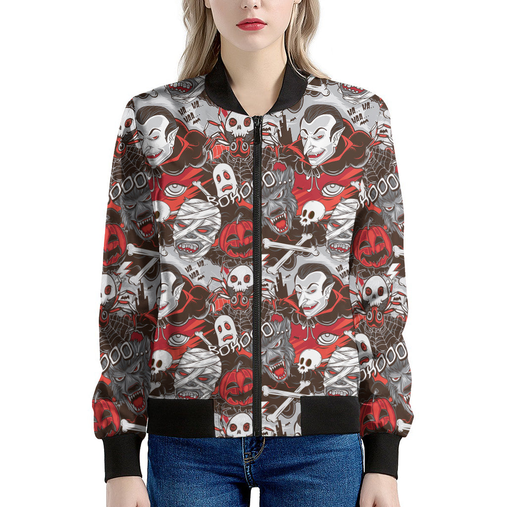 Halloween Monsters Pattern Print Women's Bomber Jacket