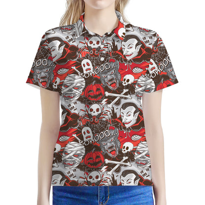 Halloween Monsters Pattern Print Women's Polo Shirt