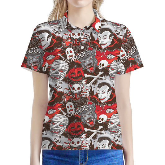 Halloween Monsters Pattern Print Women's Polo Shirt