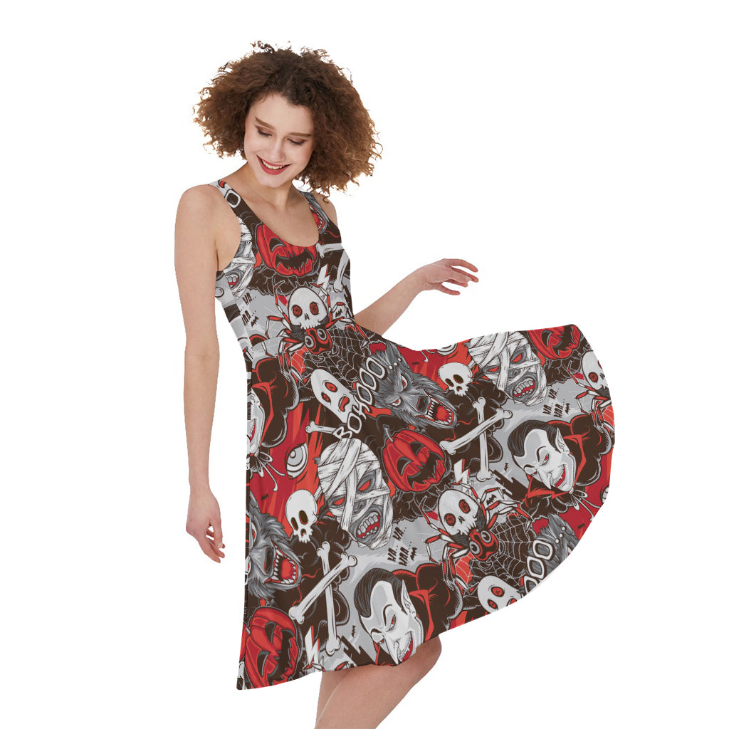 Halloween Monsters Pattern Print Women's Sleeveless Dress