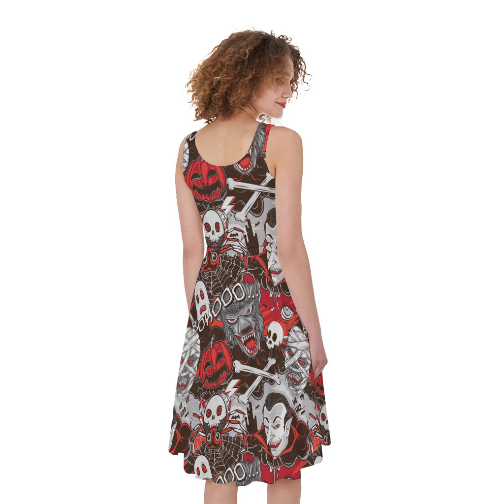 Halloween Monsters Pattern Print Women's Sleeveless Dress
