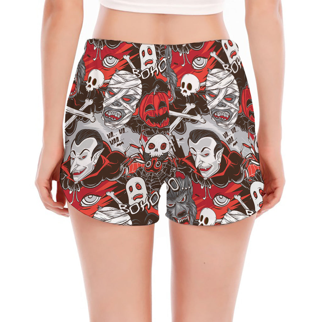 Halloween Monsters Pattern Print Women's Split Running Shorts