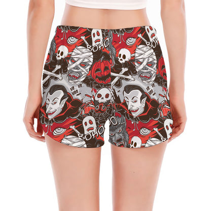 Halloween Monsters Pattern Print Women's Split Running Shorts