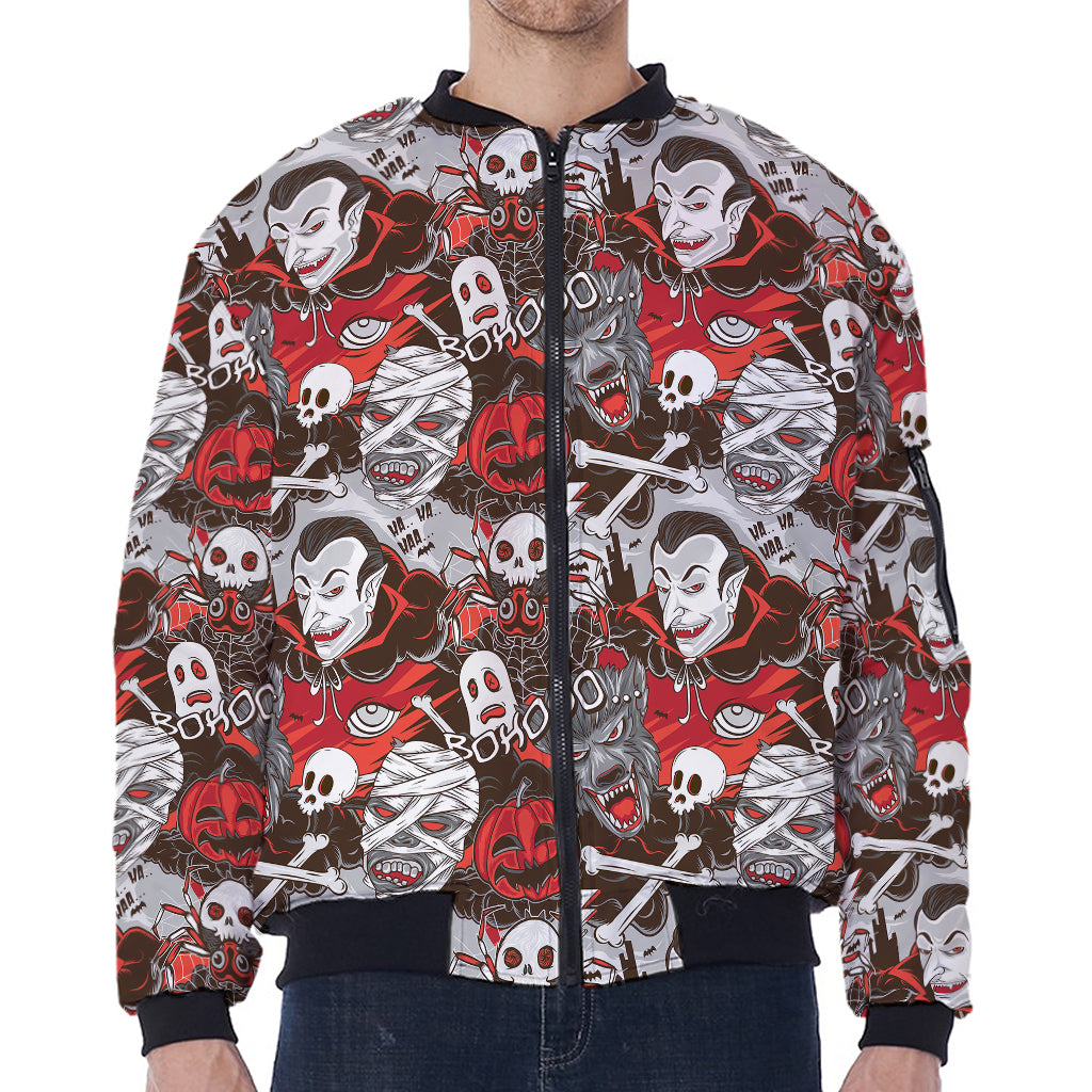Halloween Monsters Pattern Print Zip Sleeve Bomber Jacket