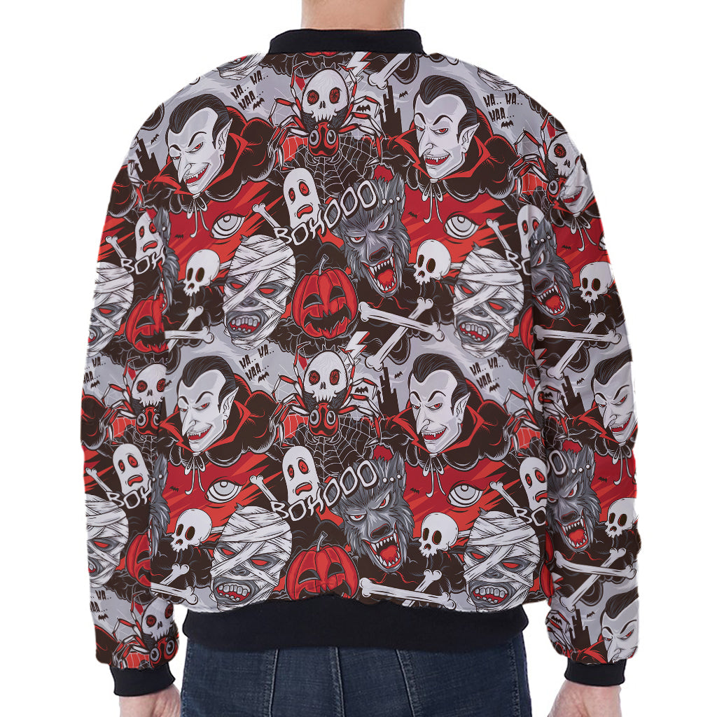Halloween Monsters Pattern Print Zip Sleeve Bomber Jacket