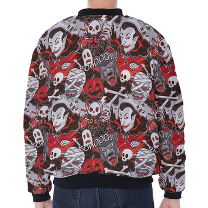 Halloween Monsters Pattern Print Zip Sleeve Bomber Jacket