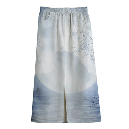 Halloween Moonlight Print Cotton Front Slit Maxi Skirt