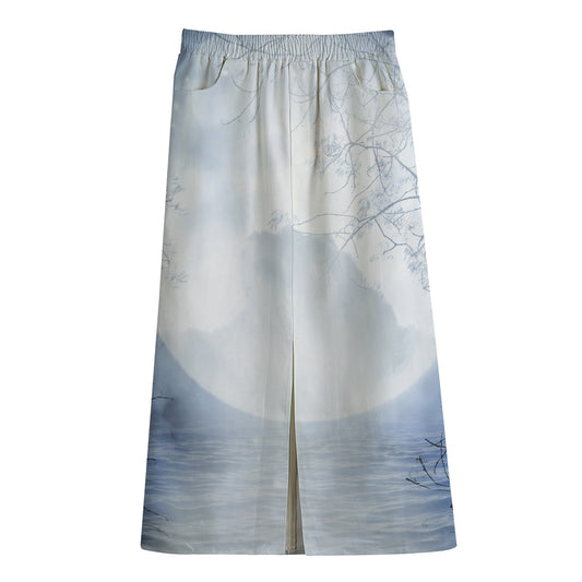 Halloween Moonlight Print Cotton Front Slit Maxi Skirt