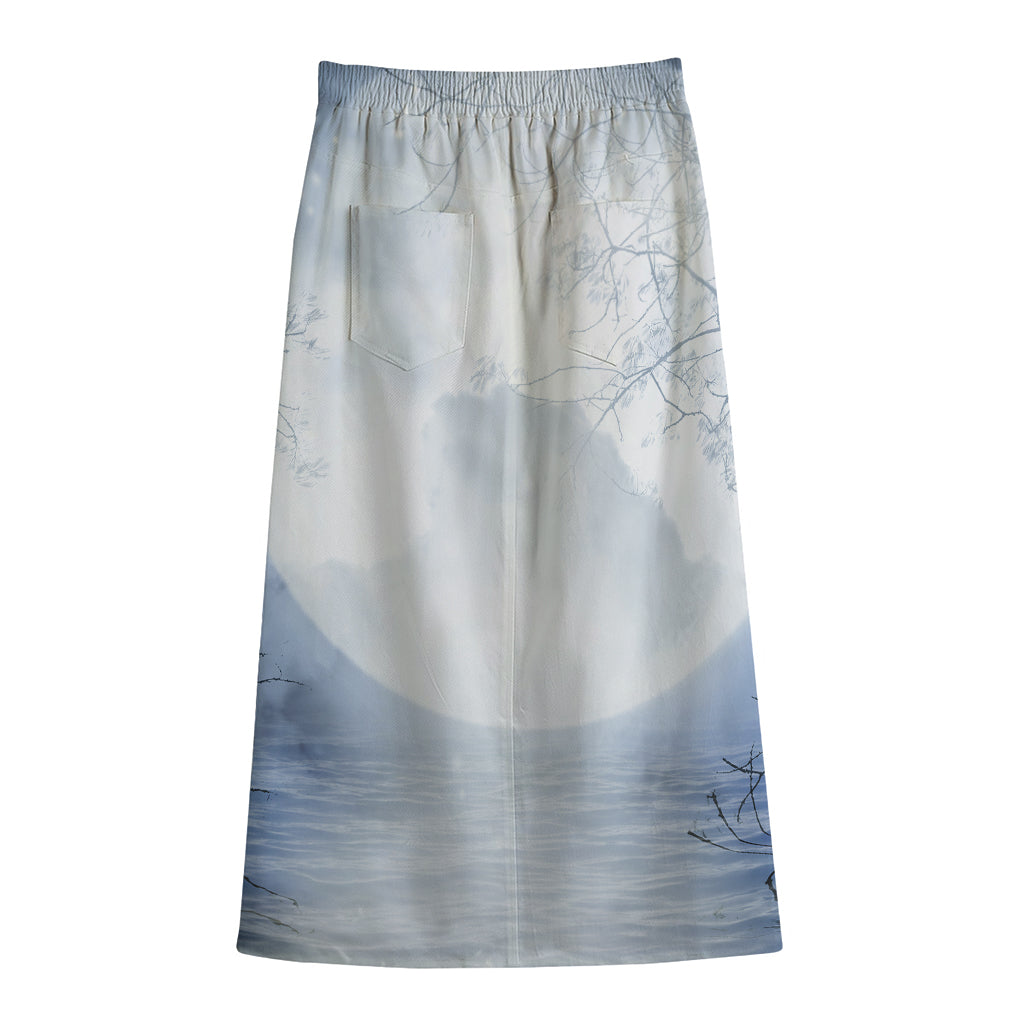 Halloween Moonlight Print Cotton Front Slit Maxi Skirt