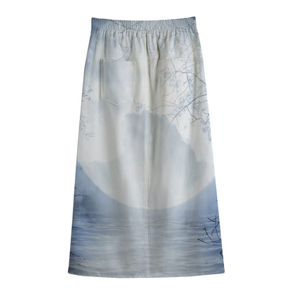 Halloween Moonlight Print Cotton Front Slit Maxi Skirt