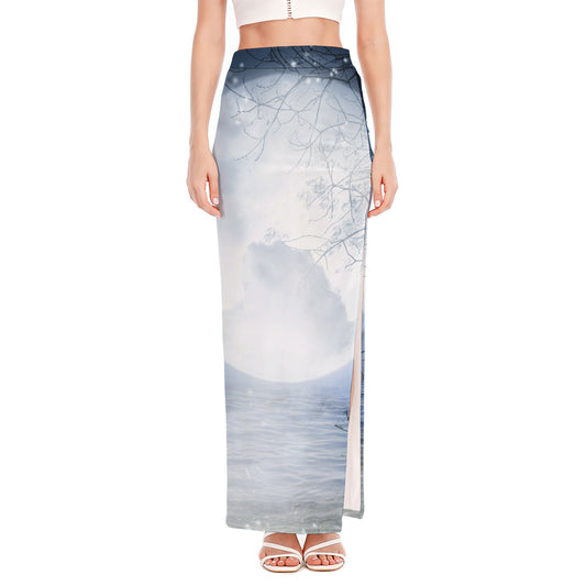 Halloween Moonlight Print High Slit Maxi Skirt