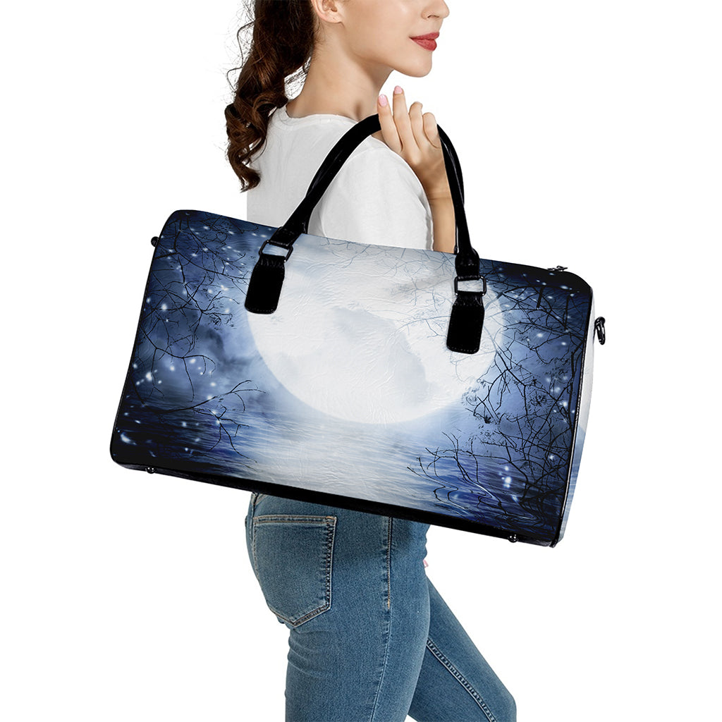 Halloween Moonlight Print Leather Duffle Bag