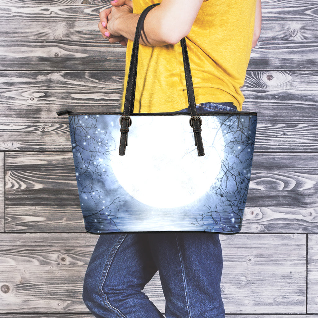 Halloween Moonlight Print Leather Tote Bag
